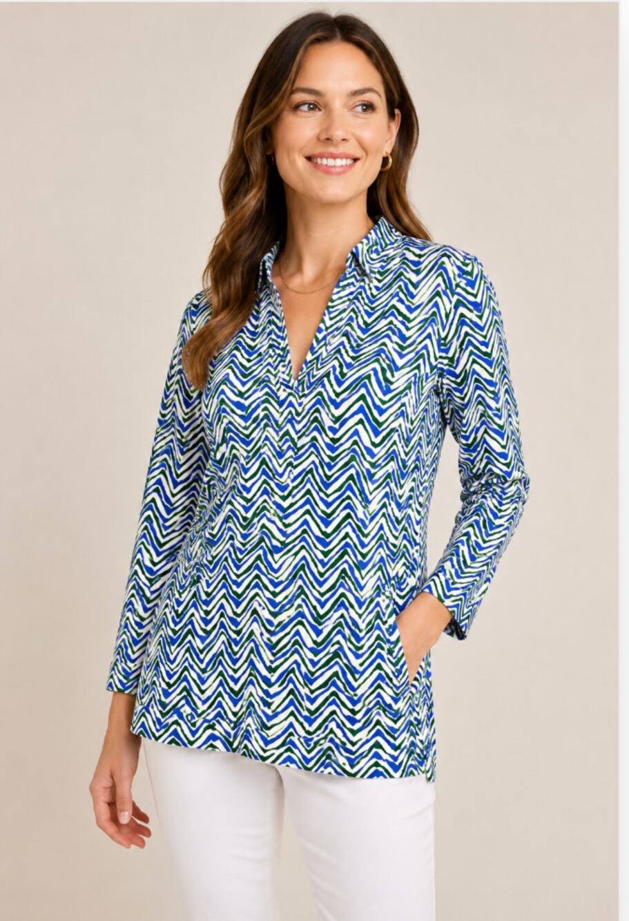 Jude Connally S Blue Green Chevron Tunic Top Split Neck Long Sleeve Stretch
